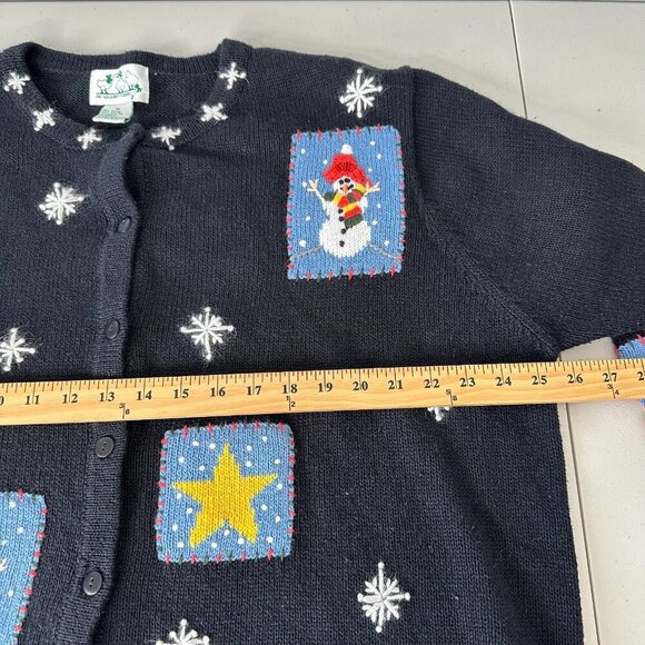 Vtg The Quacker Factory Snowman Cardigan Sweater 1X Black Patchwork Stars - Picture 6 of 7